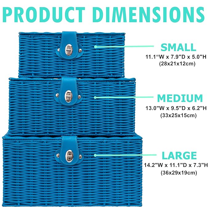 Set of 3 Woven Wicker Storage Basket Box with Lid & Lock, Built-in Carry Handles, Multifunctional Storage Organiser for Nursery, Baby, Clothes, Toys, Books, Large/Medium/Small Size (Sky Blue)