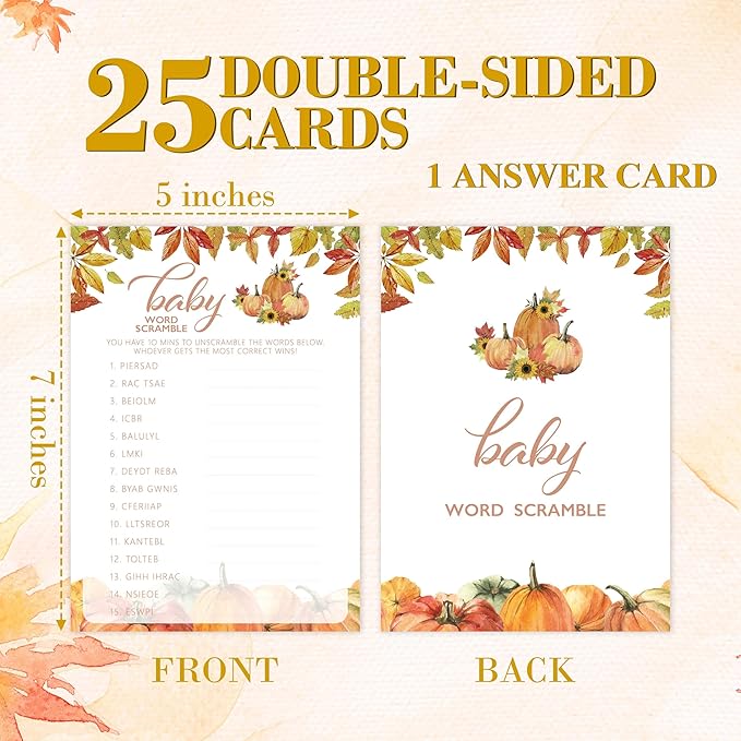 Fall Baby Shower Games, Baby Word Scramble Cards, 5x7 in, Thanksgiving Baby Shower Party Favor Decorations Supplies - A07
