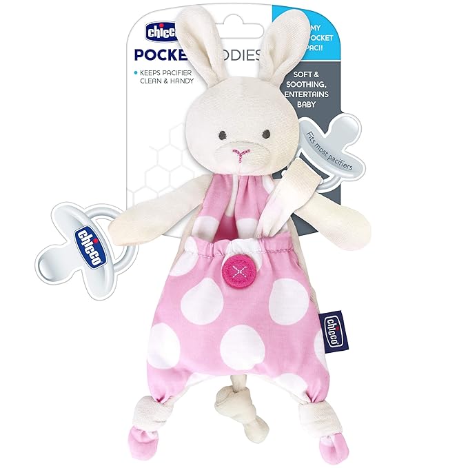 Chicco Pocket Buddies Soft Pacifier Holder-Lovey, Soothing Plush Toy Animal 0m+, Pink Bunny