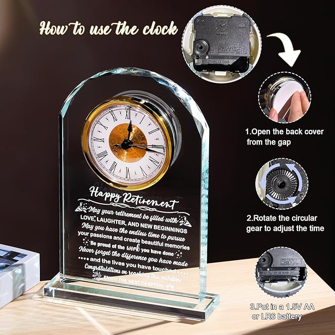 Glass Retirement Clock Gifts for Women Men, Happy Retirement Plaque Gift for Colleagues Boss Friends, Farewell Goodbye Gift Idea for Her Going Away, Retired Keepsakes for Teacher Doctor