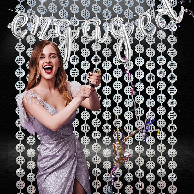 BRAVESHINE Hanging Balls Party Streamers Backdrop - 2 Pack Silver Tinsel Foil Curtain Photo Fringe Backdrop for 70s 80s Party, Birthdays, Bachelorette, Engagement, Music, Dance,New Years Decorations