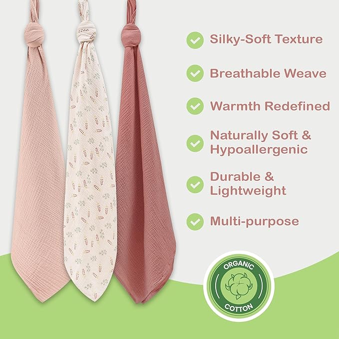 Organic Cotton Muslin Baby Blanket 3 Pack - 38x40 Inch Breathable Swaddle, Hypoallergenic Double-Layer, Versatile Use (Pink, Floral, Rust, 38x40 Inch)