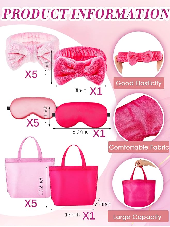 Sintuff 24 Pcs Kids Spa Party Supplies for Girls 6 Spa Party Robes 6 Tote Bags 6 Headbands 6 Eye Masks(Size 8,Rose Red Birthday)