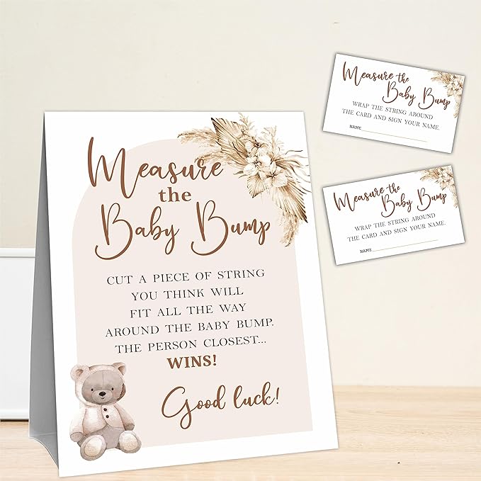 Baby Shower Measure The Baby Bump Game Set - Boho Bear Arch - 1 Self-Standing Sign And 50 Tickets - Gender Reveal, Baby Shower, Baby Announcement Activity & Party Favor Supplies - A03