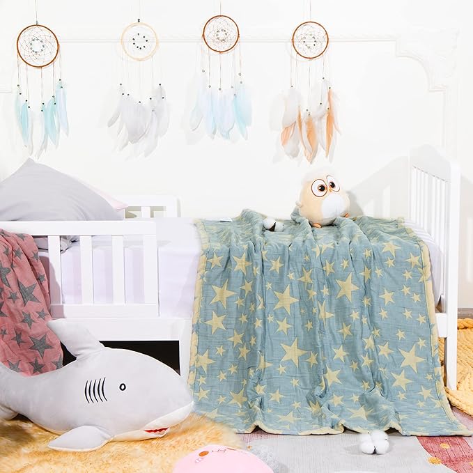 NTBAY 3 Layer Toddler Blanket, Muslin Cotton Jacquard Bed Blankets, Lightweight Thermal Baby Blanket, Super Soft and Warm Crib Blanket for All Seasons, Decoration Gift, 30"x40", Blue and Yellow Star