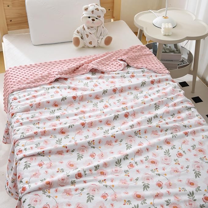 DaysU Silky Micro Soft Plush Baby Blankets for Girls with Print Floral Pattern and Soothing Raised Dots, Double Layer Bed Throws for Toddler Cot, Blossom, Pink, 50x60 Inches