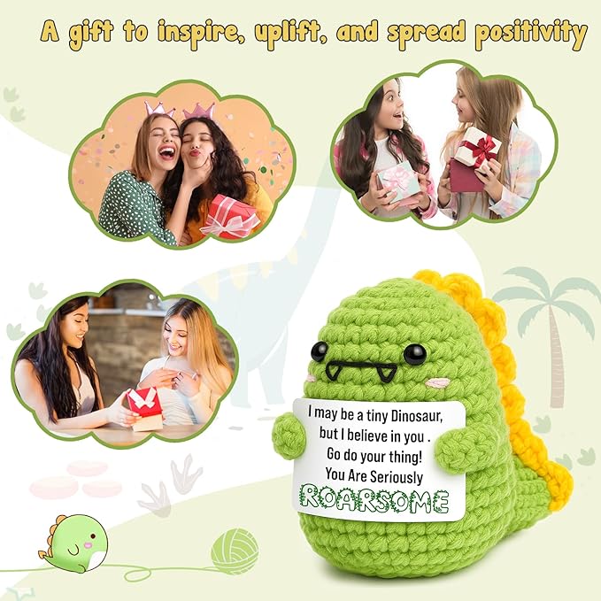 Mini Inspirational Gifts for Teens Back To Shcool Gifts for Students Boys Girls Kids Handmade Positive Crochet Dino for Women Men Coworker Friends Motivational Birthday Christmas Stocking Stuffers