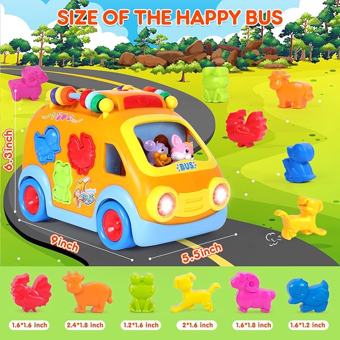 Toy Cars for 1 Year Old Boy Gifts Baby Toys 12-18 Months, Musical Learning Toys for Toddlers 1-3, Educational Baby Bus with Animal Blocks, Christmas Birthday Gift for 1 2 3 4 Year Old Boys Girls Kids