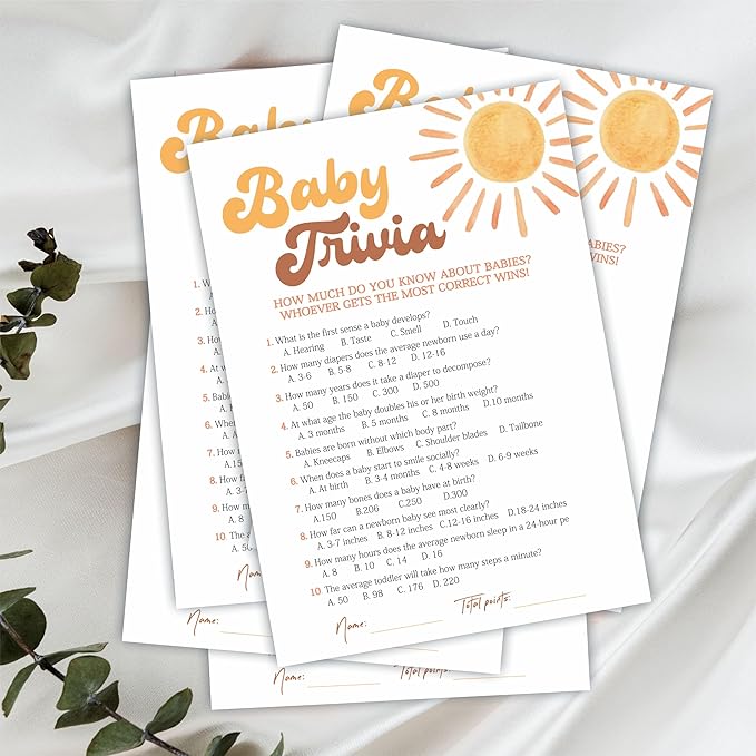 Baby Trivia Game Kits For Baby Shower - 30 Double-Sided Fill In Watercolor Sunshine Style Game Cards 1 Answer Card For Gender Reveal, Baby Announcement, Party Favor & Supplies - C08