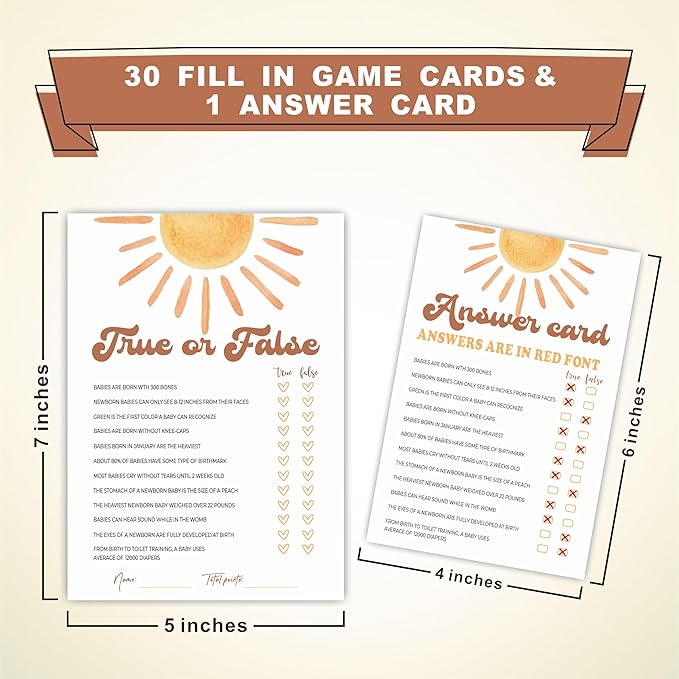 True or False Game Kits For Baby Shower - 30 Double-Sided Fill In Watercolor Sunshine Style Game Cards 1 Answer Card For Gender Reveal, Baby Announcement, Party Favor & Supplies - C07
