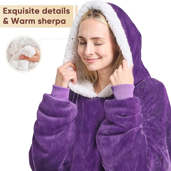 yescool Wearable Blanket Hoodie - birthday gifts for Adults/Women/mom, Flannel Cozy Sherpa Fleece Blanket Sweatshirt with Hood, Pocket & Sleeves, Large, One Size Fits All (Deep Purple)