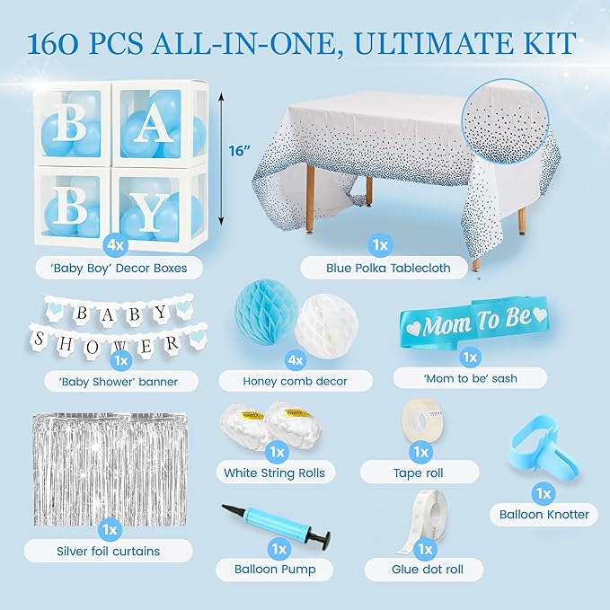 Baby Shower Decorations for Boy - All-in-One Inclusive Baby Boy Shower Blue Decorations JUMBO 165 Pcs Set - Welcome First Birthday Photo Shoot Decor Balloons Arch Boxes with Letters Kit