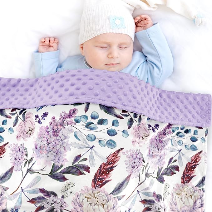 Purple Baby Blankets, Floral Minky Toddler Blanket for Boys Girls, Dotted Backing, Double Layer, Crib Receiving Blanket, for Nursery/Stroller/Toddler Bed/Carseat, 30 x 40 Inch
