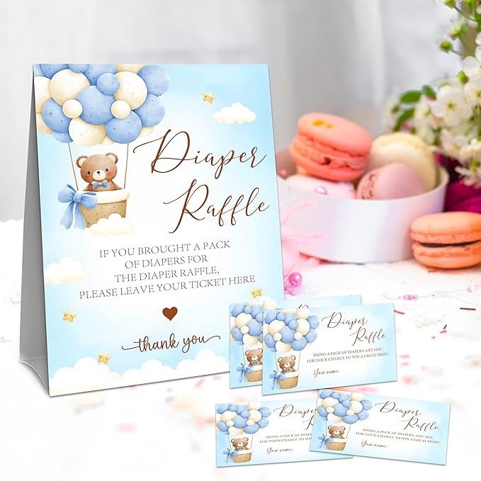 Blue Teddy Bear Diaper Raffle Set For Baby Shower - 50 Raffle Tickets With 1 Standing Sign - Baby Announcement, Gender Reveal Baby Shower Party Decoration Game Set - A01