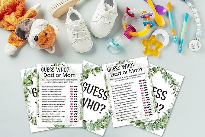 Baby Shower Game Cards, Guessing Who Dad or Mom Game, Tropical Jungle Theme Party Cards for Gender Neutral Boys or Girls, Set of 30 Cards(Green007)