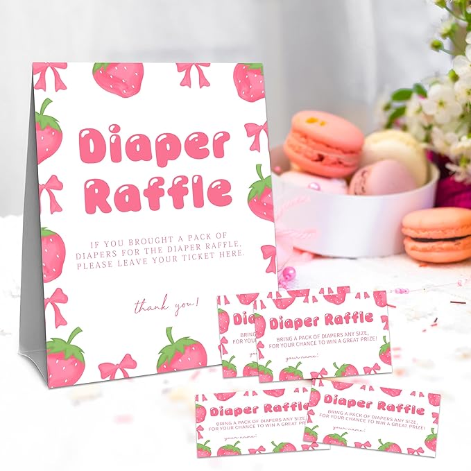 Pink Strawberry Diaper Raffle Set For Baby Shower - 50 Raffle Tickets With 1 Standing Sign - Baby Announcement, Gender Reveal Baby Shower Party Decoration Game Set - A09