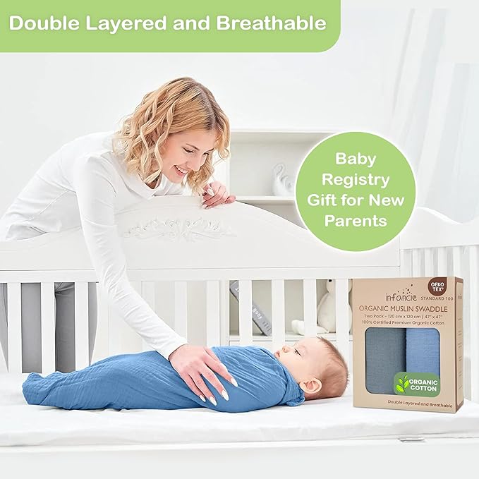 Organic Cotton Muslin Baby Blanket - 47x47 Inch Breathable Swaddle, Hypoallergenic Double-Layer, Versatile Use (Slate/Aquarius, 47x47 Inch)