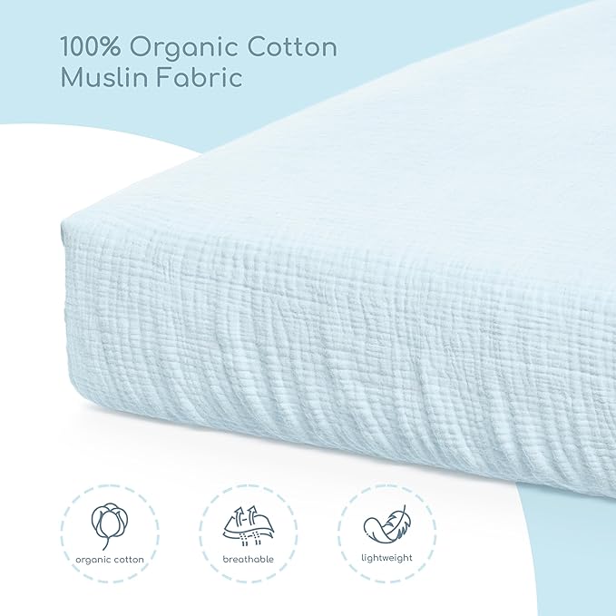 Muslin Crib Sheets, 100% Organic Cotton, Breathable and Ultra-Soft, Standard Crib Sheet Mattress (28"x 52") for Girls and Boys, Neutral Fitted Baby Crib Sheet (Light Blue)