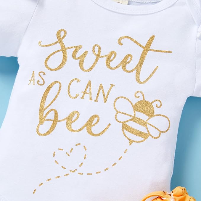 GRNSHTS Infant Baby Girl Bumble Bee Clothes Letter Print Romper Honey Bees Pants Bowknot Headband Outfits Set