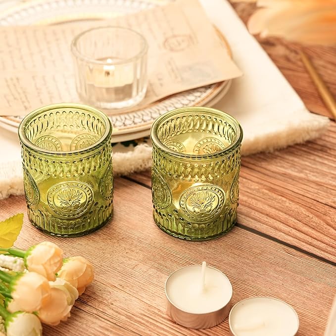30 Pcs Votive Candle Holders, 2x2.5iInch Green Glass Tea Light Candle Holders for Christmas Decorations, Butterfly Pattern Votives for Wedding, Christmas, Party Decor & Gift-Giving