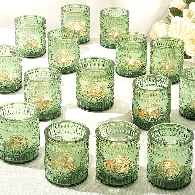 30 Pcs Votive Candle Holders, 2x2.5iInch Green Glass Tea Light Candle Holders for Christmas Decorations, Butterfly Pattern Votives for Wedding, Christmas, Party Decor & Gift-Giving