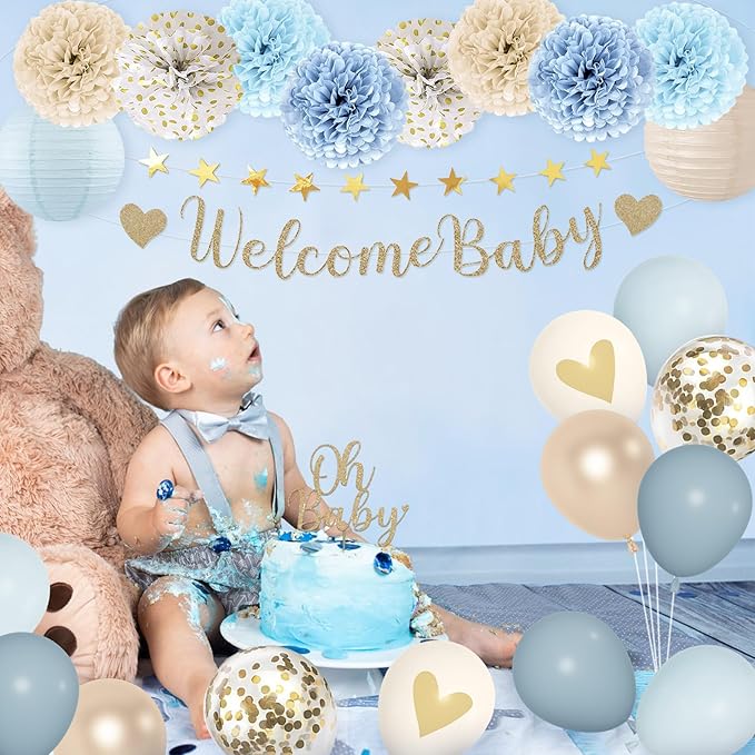 Amandir Dusty Blue Boy Baby Shower Decorations Welcome Baby Banner, Cake Topper, Paper Lantern, Light Blue Balloons, Pom Poms Flowers Tassels, Circle Dots Star Garland, Birthday Party Supplies