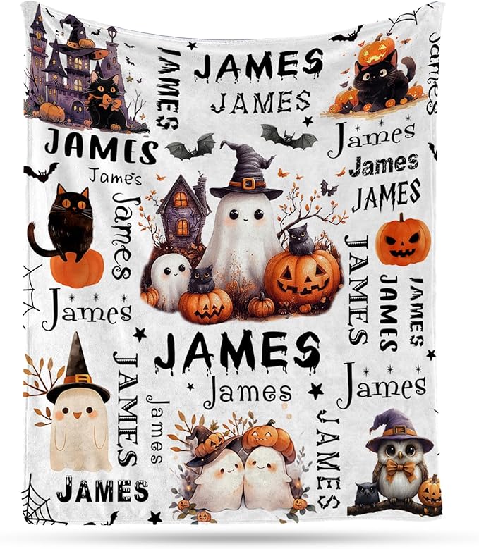 Ship Next Day, Custom Halloween Blanket - Printed in USA, Personalized Baby Blankets with Name, Gift for Kids Girls Boys, Unique Present for Birthday, Christmas, Halloween Bats Toddler Blanket