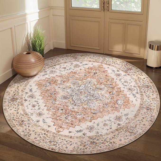 Ciicool Boho 5x5ft Round Area Rug Washable Bedroom Rug Non-Slip Oriental Entryway Throw Rug Low-Pile Indoor Carpet for Dining Room(Vintage Cream/Brick)