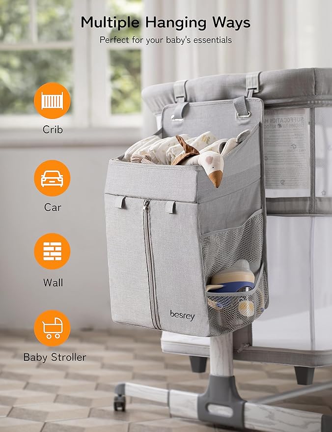 besrey 5 in 1 Baby Bassinet Bedside Sleeper, Playpen with Bassinet & Baby Cradle, Adjustable Bedside Crib for Newborn Infant with Mobile Toy Hanger, Hanging Diaper Bag, Mosquito Net, Mattress