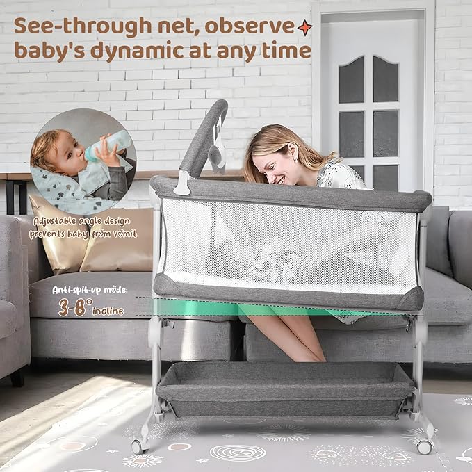Cowiewie Baby Bassinet 2-1 Beside Sleeper with Wheels & Hanging Toys for Baby Foldable Adjustable Height Portable Bassinets (GREY)