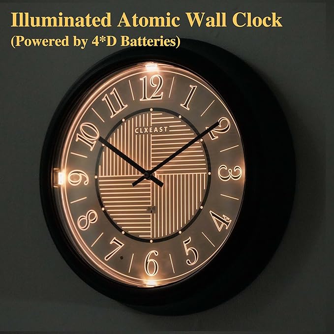 CLXEAST 14 Inch LED Illuminated Indoor Outdoor Atomic Analog Wall Clock Battery Operated, Glow in The Dark Wall Clock for Living Room, Home Office,Bathroom,Kitchen,Oil Rubbed Bronze Black Finish