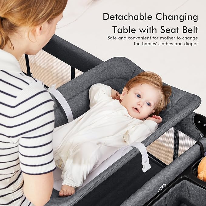 ANGELBLISS 5 in 1 Baby Bassinet, Bedside Crib & Playpen, Pack and Play Bassinet with Diaper Changer and Removable Rocker, Easy Folding Portable Crib with Mobile, Sheet & Mattress (Grey)