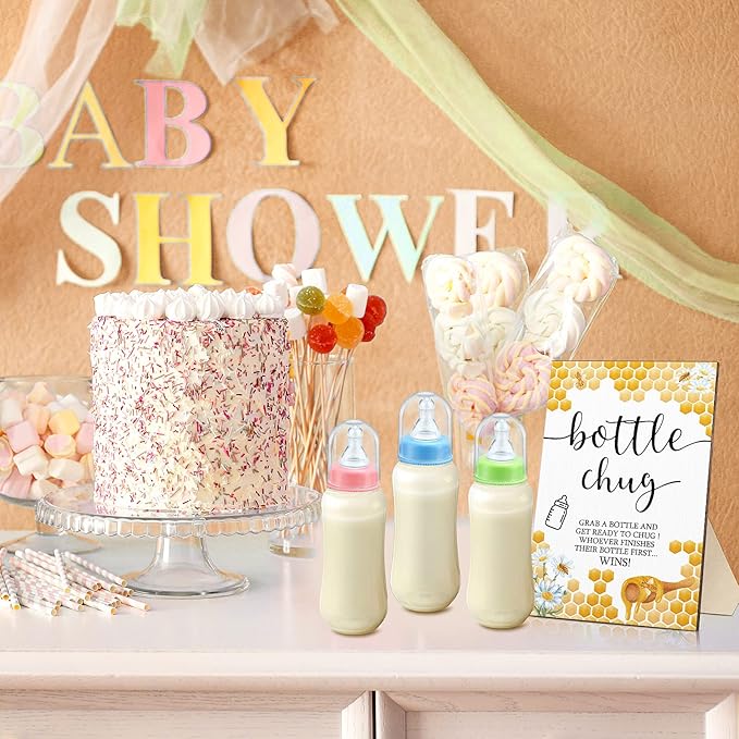 Roowest Bottle Chug Baby Shower Game Favors 12 Pcs Baby Bottles Shower Favor with 1 Wooden Sign for Gender Reveal Party Supplies Gifts(Bee)