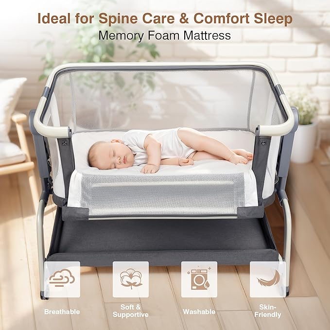 Bedside Cribs 3 in 1 Baby Bassinet Bedside Sleeper with Adjustable Height Easy Folding Portable Crib Comfy Mattress and Wheels - Gray