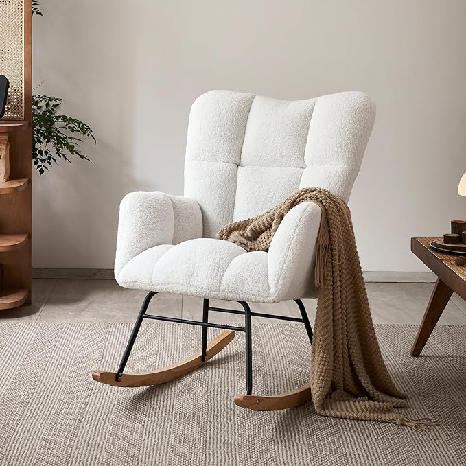 Kiztir Rocking Chair Nursery, High Backrest Teddy Glider Rocker Upholstered Rocker Recliner Modern Rocking Accent Chairs for Bedroom, Living Room, Offices (Ivory)