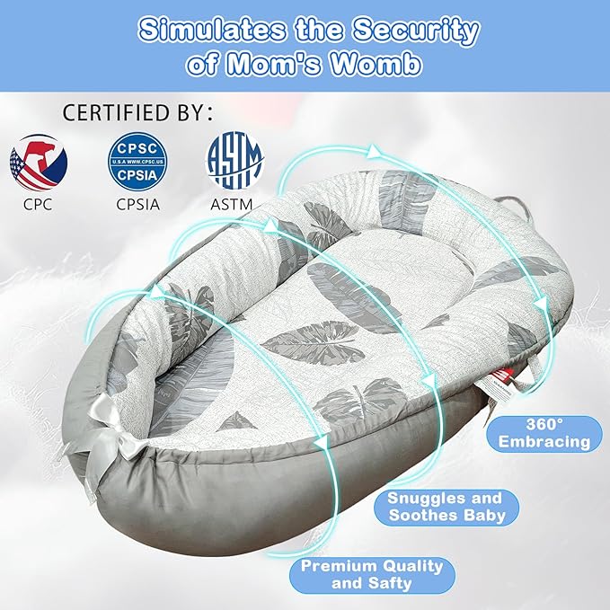 Baby Lounger for Newborn 0-24 Months, Baby Nest Cover Breathable and Soft Cotton, Infant Lounger with U-Shaped Safety Bumper for Cozy Comfort Baby Essentials (Leaves Grey)