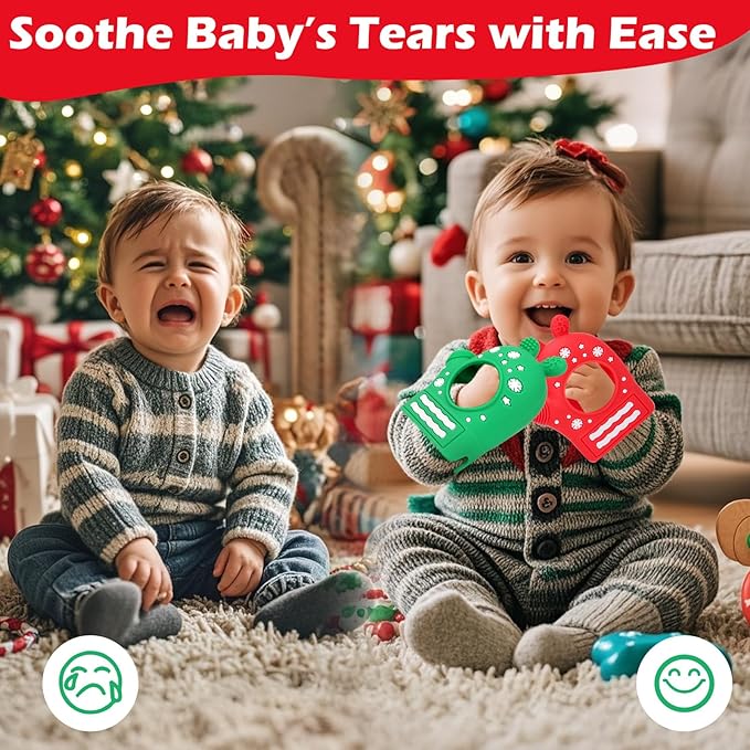 Christmas Baby Teething Mitten Toys 2 Pack, Silicone Snowflake Teethers for Newborns, Infants & Toddlers, Easy-Grip Hand Teething Gloves for Relief, Perfect Baby’s First Christmas Stocking Stuffers