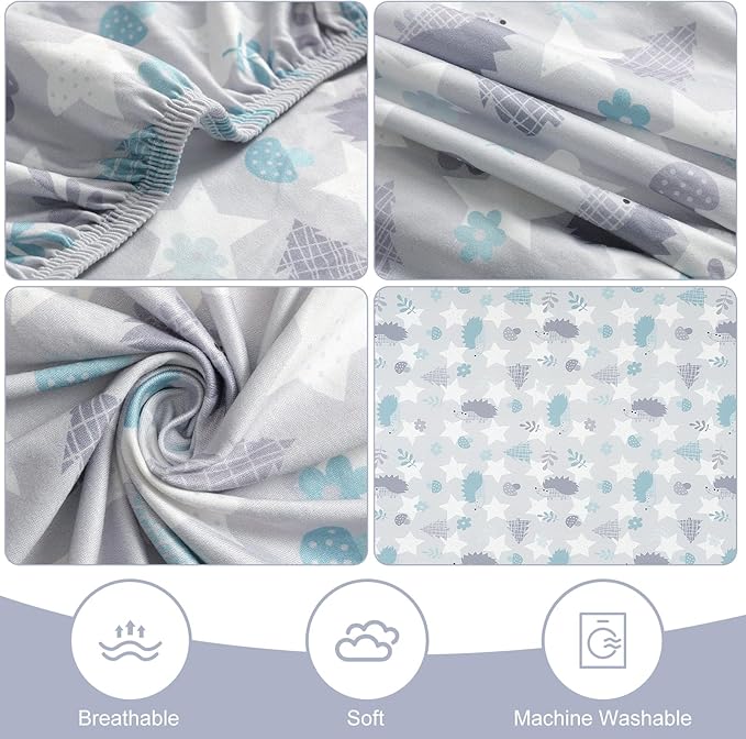 Pack n Play Flat Sheet 2 Piece Mini Crib Sheet Elastic Playard Sheet Set Portable Sheet Set Elastic Convertible Playmat Compatible Graco Pack n Play (Owl and Tree Bag) (Whale & Hedgehog)