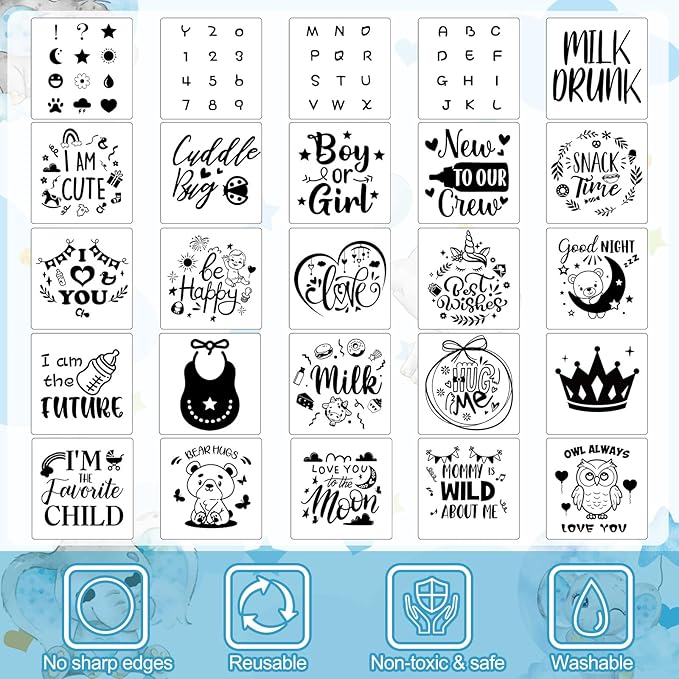 Panitay 126 Pcs Baby Shower DIY Bodysuit Set Rustic Kraft Baby Shower Game Sign DIY Bib 25 Blank White Newborn Bodysuit 25 Stencils 24 Marker 1 Sign 50 Pins for Gender Reveal(Blue Elephant)