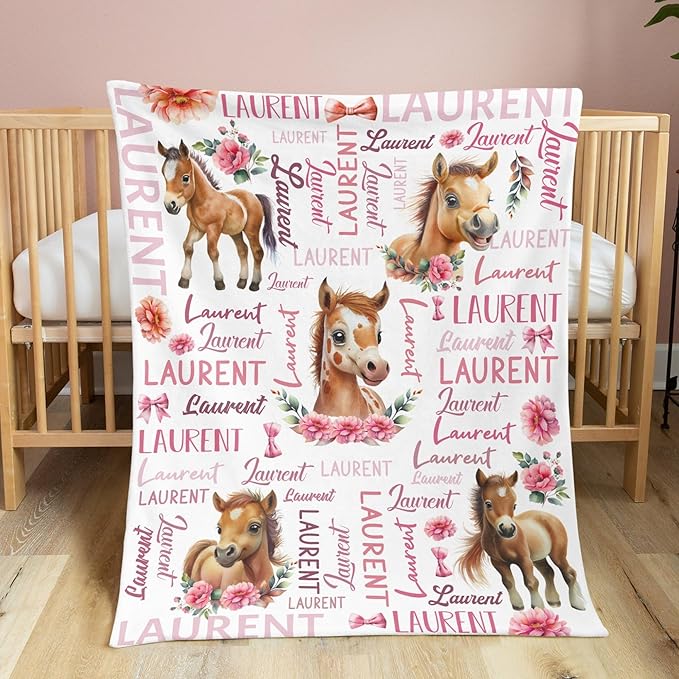 Personalized Baby Blanket for Girls Pink Pony Custom Baby Blankets with Name Dotted Backing Customized Gifts for New Mom Customize Baby Blanket for Kids Newborn Birthday (Pony)