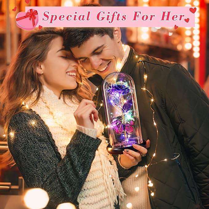 DEEMEI Birthday Gifts for Women Purple Rose Eternal Flower Light Up Rose in Glass Dome with Butterfly Gifts for Women Thanksgiving Anniversary Grandma Girlfriend Wife Gift for Her