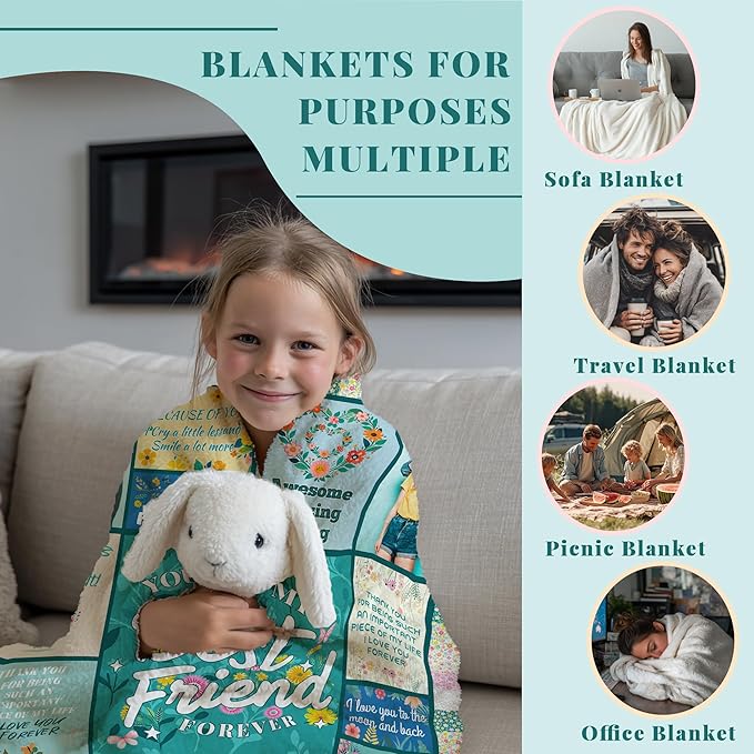 BFF Best Friend Custom Personalized Blanket Thow Gifts with Photo, Customized Pictures Blankets Gift for Sister Women Girls Christmas Birthday (Green Grid Friend)