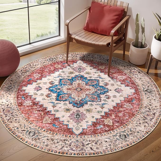 Ciicool Boho Area Rug 4x4ft Round Washable Bedroom Non-Slip Vintage Entryway Throw Low-Pile Indoor Carpet for Living Room Foyer