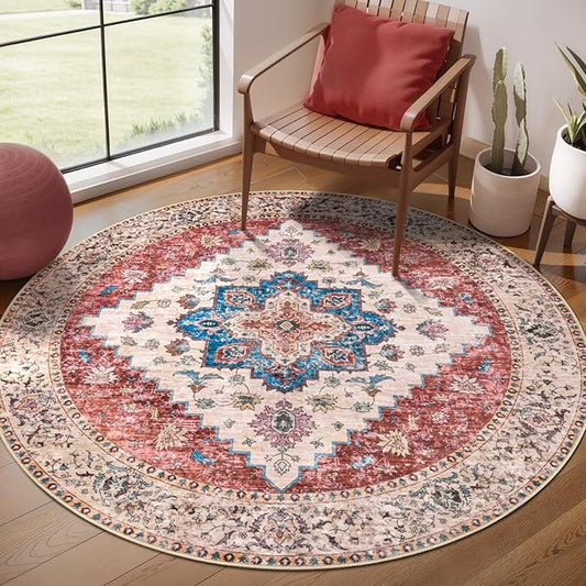 Ciicool Boho Area Rug 4x4ft Round Washable Bedroom Non-Slip Vintage Entryway Throw Low-Pile Indoor Carpet for Living Room Foyer