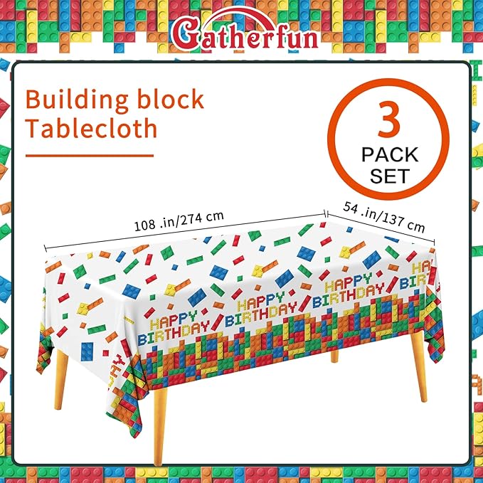 Gatherfun Building Block Tablecloth, Plastic Table Cover for Building Block Themed Kids Birthday Party, 3 PCS, 54'x108'