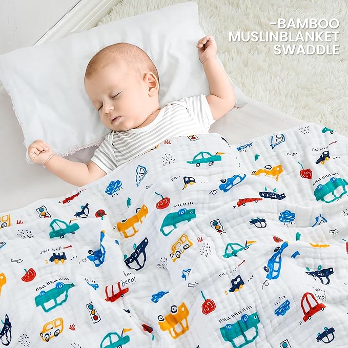 Luxury Muslin Baby Blanket, Cozy Swaddle, 6-Layer Cotton Receiving Blanket for Newborn Infant, 59x43 Inch Lightweight Breathable Crib Blanket, Nursery Stroller Toddler Quilt, Car Family