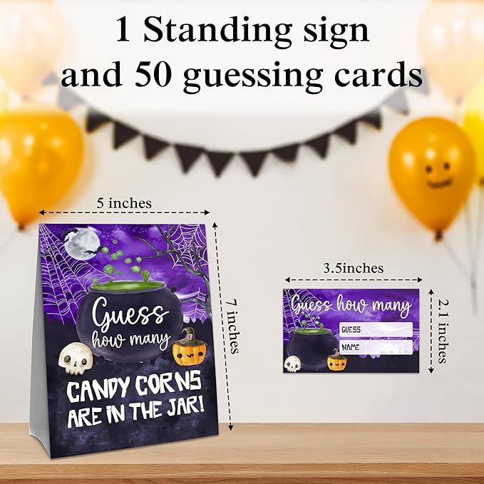 Halloween How Many Candy Corns Are In The Jar - 1 Standing Sign & 50 Guessing Cards - Halloween Witch Bowl Party Game & Decoration For Boys, Girls, Adults - Baby Shower, Birthday Game Set - A10