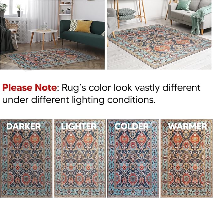 Keen Home Design 6x9 Rug - Machine Washable Area Rug with Non-Slip Backing, Ideal for Living Room, Dining Room, Bedroom - Vintage, Easy Clean, Durable, Low Pile Rug - (6' x 9')