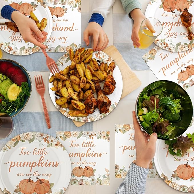 Zhehao 96 Pcs Twins Baby Shower Decoration Supplies Twins Cuties Baby Shower Tableware Set Eucalyptus Leaf Orange Strawberry Greenery Pumpkin Themed Plates Napkins Forks for 24 Guest (Pumpkin)