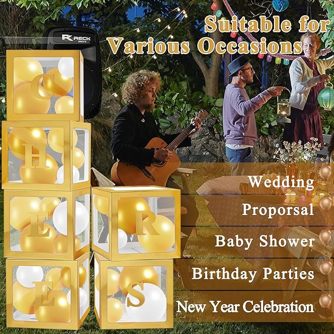Ledido Gold Transparent Balloon Boxes with 78 Letters, Baby Boxes with Letters for Baby Shower Clear Letter Boxes for Party Graduation Wedding Birthday Baby Shower Decorations 6 PCS